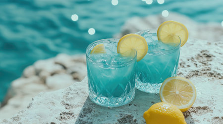 Refreshing turquoise cocktails adorned with lemon slices, resting on a textured table by the seaside, ideal for a chic and refreshing summer experience.の素材