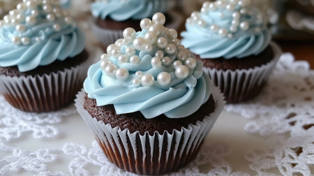 Elegant cupcakes topped with soft blue frosting and edible pearls, resting on vintage lace, perfect for a celebratory occasion or special event.の素材