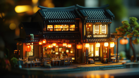 An illuminated miniature Asian restaurant at night, with glowing lanterns and intricate details, capturing the serene and inviting atmosphere of the setting.の素材