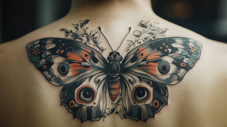 Close-up of an abstract butterfly tattoo on a person's back, with intricate details and flowing lines, showcasing artistic and personal expression.の素材