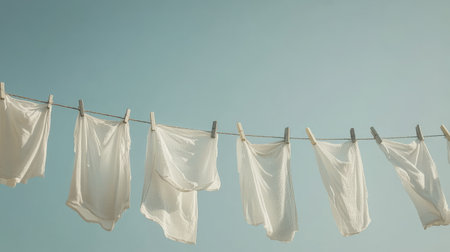 Crisp white clothes hanging on a clothesline, fluttering in the breeze under a clear sky, capturing the tranquility of a simple, natural moment.の素材