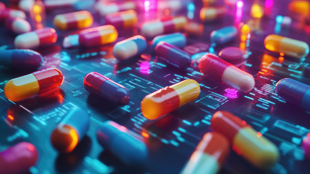 Colorful capsules and tablets arranged on a digital interface, highlighting pharmacokinetics and molecular pathways, illuminated with vibrant lights.の素材