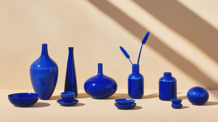 Cobalt blue objects placed in a neat, minimalistic arrangement on a light sand-colored backdrop, perfect for a creative and clean aesthetic.の素材