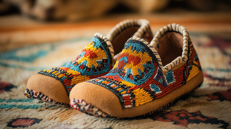 Handcrafted traditional Indigenous moccasins adorned with intricate beadwork in warm earthy tones, captured under soft natural lighting, showcasing timeless craftsmanship.の素材