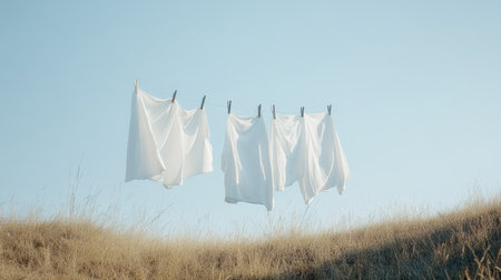 Crisp white clothes hanging on a clothesline, fluttering in the breeze under a clear sky, capturing the tranquility of a simple, natural moment.の素材