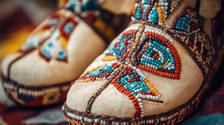 Handcrafted traditional Indigenous moccasins adorned with intricate beadwork in warm earthy tones, captured under soft natural lighting, showcasing timeless craftsmanship.の素材