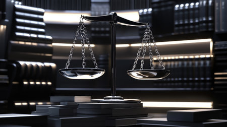 Futuristic silver scales of justice floating among law books in a modern legal environment, symbolizing the balance of law in a sleek setting.の素材