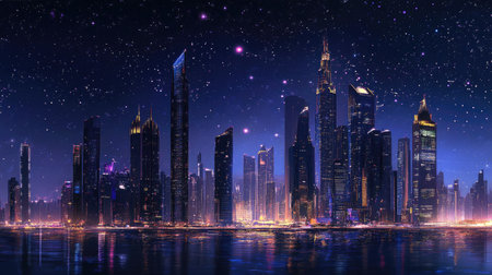 The Dubai skyline at night with towering skyscrapers illuminated, showcasing the city's modern architecture against a dark, starry sky.の素材