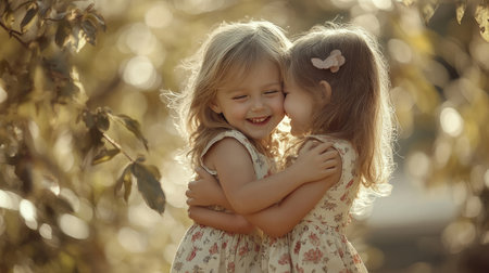 Two little girls in floral dresses joyfully embrace each other in a suburban park bathed in natural light, with a simple and minimalistic backdrop.の素材