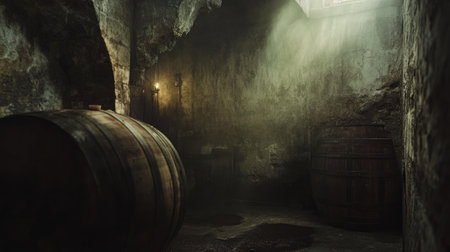 Oak barrels in a cellar for aging white wine, bathed in soft light, evoking a warm, rustic ambiance of tradition and artisanal craftsmanship.の素材