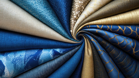 Luxurious fabric swatches in shades of indigo, cobalt, beige, and gold, arranged in a spiral pattern on a neutral background, perfect for design inspiration.の素材
