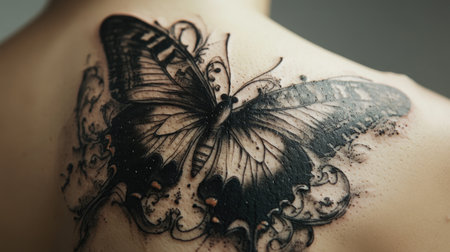 Close-up of an abstract butterfly tattoo on a person's back, with intricate details and flowing lines, showcasing artistic and personal expression.の素材