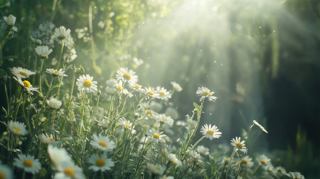 Wild chamomile flowers in full bloom in a herb garden, illuminated by soft natural sunlight during the daytime, adding beauty and serenity to the scene.の素材