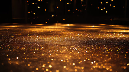 Golden glitter lights on the floor, illuminated by dramatic stage lights, creating a dazzling and captivating atmosphere in a performance setting.の素材