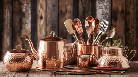 Vintage-inspired copper kitchenware set with polished metallic teapots and utensils arranged on a rustic wooden table, evoking a warm, nostalgic ambiance of timeless elegance.の素材