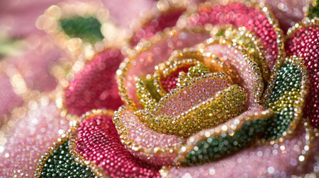 Close-up of intricate floral beadwork embroidery featuring shimmering pink, green, and gold beads, forming an elegant rose pattern on luxurious fabric.の素材