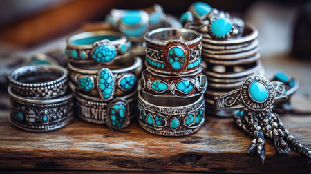 Intricately designed turquoise and silver rings stacked on a vintage wooden surface, exuding a bohemian vibe with their detailed craftsmanship.の素材