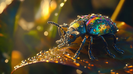 Close-up of an iridescent beetle on a leaf, surrounded by dew drops, capturing the natural beauty and vibrant colors of the insect in a serene setting.の素材
