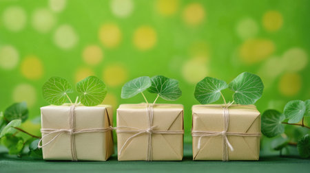 Three elegantly wrapped gift boxes decorated with centella asiatica leaves, set against a fresh green background, symbolizing nature and thoughtful gifting.の素材
