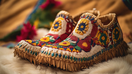 Handcrafted traditional Indigenous moccasins adorned with intricate beadwork in warm earthy tones, captured under soft natural lighting, showcasing timeless craftsmanship.の素材