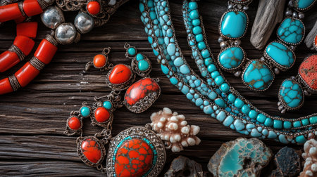Handcrafted turquoise jewelry arranged beautifully on a dark brown wooden surface, with coral accents enhancing the vibrant, artisanal appeal.の素材