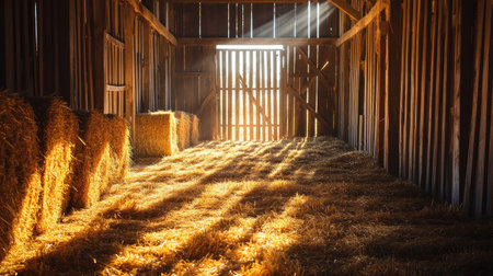Stepping into a rustic barn filled with hay bales, warm sunlight filters through wooden slats, creating a cozy, inviting atmosphere of country charm.の素材