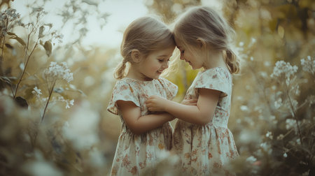 Two little girls in floral dresses joyfully embrace each other in a suburban park bathed in natural light, with a simple and minimalistic backdrop.の素材
