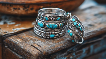 Intricately designed turquoise and silver rings stacked on a vintage wooden surface, exuding a bohemian vibe with their detailed craftsmanship.の素材