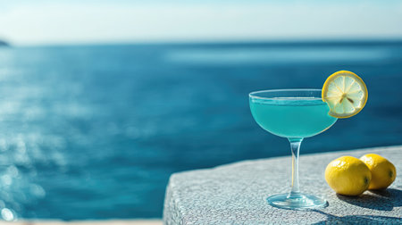 Refreshing turquoise cocktails adorned with lemon slices, resting on a textured table by the seaside, ideal for a chic and refreshing summer experience.の素材