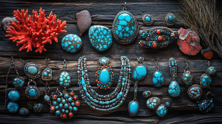 Handcrafted turquoise jewelry arranged beautifully on a dark brown wooden surface, with coral accents enhancing the vibrant, artisanal appeal.の素材