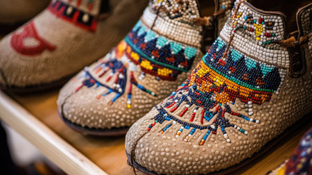 Traditional Indigenous moccasins featuring detailed beadwork in earthy hues, with soft natural lighting that accentuates the craftsmanship and cultural heritage.の素材