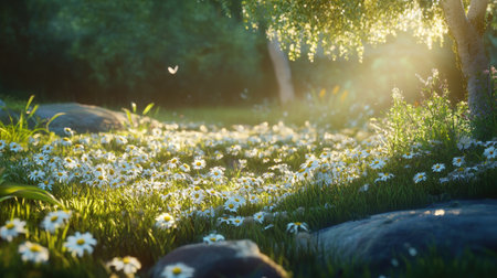 Wild chamomile flowers bloom abundantly in a serene garden, bathed in soft sunlight, bringing a peaceful, natural beauty to a quiet afternoon.の素材