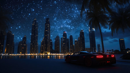 The Dubai skyline at night with towering skyscrapers illuminated, showcasing the city's modern architecture against a dark, starry sky.の素材