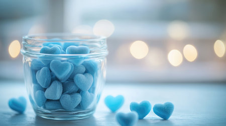Delicate pastel blue heart-shaped candies in a glass jar, softly lit to highlight their texture and sweetness, set against a serene light background for an inviting look.の素材