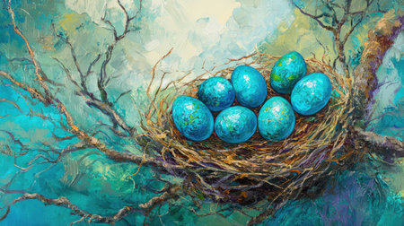 Vibrant turquoise eggs nestled in a bird's nest, resting on a green tree branch, symbolizing the beauty of life and renewal in the spring season.の素材