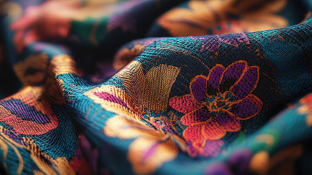 Vibrant close-up of beautifully crafted rebozo shawls with intricate floral designs, representing cultural pride and authentic craftsmanship in Mexican heritage dress.の素材