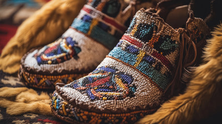 Traditional Indigenous moccasins featuring detailed beadwork in earthy hues, with soft natural lighting that accentuates the craftsmanship and cultural heritage.の素材
