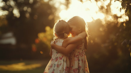 Two little girls in floral dresses joyfully embrace each other in a suburban park bathed in natural light, with a simple and minimalistic backdrop.の素材