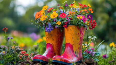 Vibrant spring rain boots overflowing with wildflowers, creating a stunning and colorful display in a sunlit outdoor garden setting.の素材