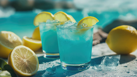 Refreshing turquoise cocktails with lemon slices placed on a textured table by the seaside, capturing the essence of a stylish and relaxing summer experience.の素材