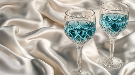 Elegant turquoise sparkling wine in crystal glasses, set on shimmering white silk, exuding luxury and sophistication in a refined setting.の素材