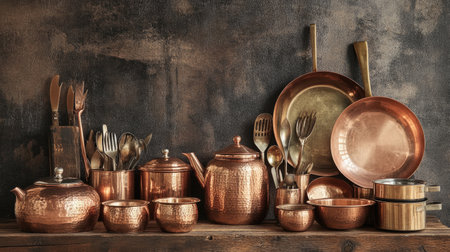 Vintage-inspired copper kitchenware set with polished metallic teapots and utensils arranged on a rustic wooden table, evoking a warm, nostalgic ambiance of timeless elegance.の素材