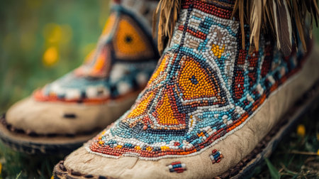 Traditional Indigenous moccasins featuring detailed beadwork in earthy hues, with soft natural lighting that accentuates the craftsmanship and cultural heritage.の素材