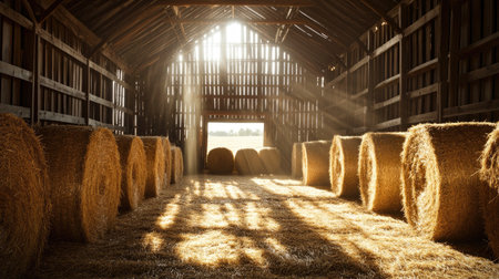 Stepping into a rustic barn filled with hay bales, warm sunlight filters through wooden slats, creating a cozy, inviting atmosphere of country charm.の素材