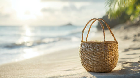 A boho beach bag rests gracefully on sunlit sand, surrounded by soft coastal light and the calm ocean breeze, perfect for a coastal, carefree vibe.の素材