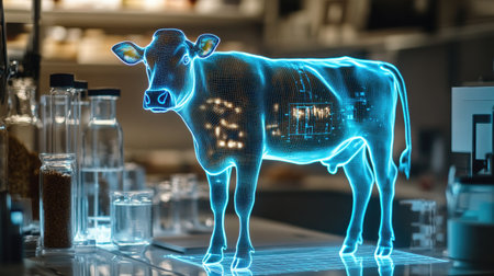 A digital hologram of a cow displayed in a modern lab, symbolizing innovative approaches to sustainable farming and food science in a high-tech environment.の素材
