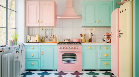 A brightly lit retro kitchen featuring pastel cabinets, a vintage stove, and a checkered floor, creating a cheerful and nostalgic atmosphere.の素材