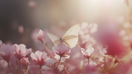 A butterfly gently rests on a fresh spring flower, captured in a dreamy, soft-focus background, creating a fairytale-like atmosphere.の素材