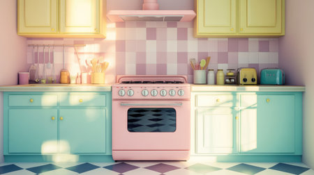A brightly lit retro kitchen featuring pastel cabinets, a vintage stove, and a checkered floor, creating a cheerful and nostalgic atmosphere.の素材