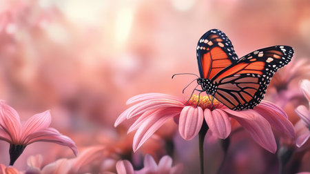 A butterfly gently rests on a fresh spring flower, captured in a dreamy, soft-focus background, creating a fairytale-like atmosphere.の素材